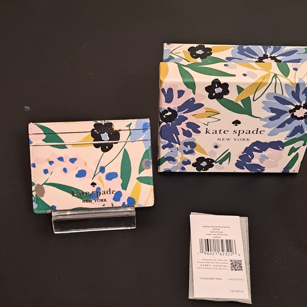 Kate Spade Madison Card Holder - White, Black, and Blue Floral Print NWT